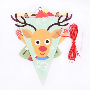 Christmas paper bunting set with reindeer flags, red ribbon, and a needle for DIY party decor