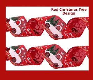Detail of red Christmas ribbon featuring vintage truck, green tree and festive gold lettering