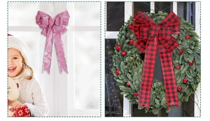 Detail of pink glitter and red black buffalo plaid Christmas bows for tree decoration