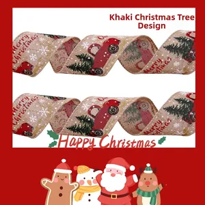 Detail of Christmas burlap ribbon featuring red vintage truck and green tree patterns