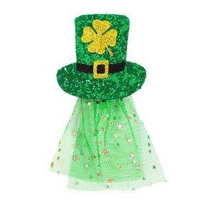St. Patrick's Day green sequin mini top hat with gold shamrocks and mesh veil