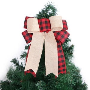 Christmas tree topper with red black buffalo plaid and burlap double layer bow decoration