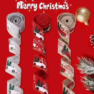 Christmas Burlap Wired Ribbon Vintage Truck Tree Printed Ribbons For Christmas Tree Decor Holiday Party Gift Wrapping Craft