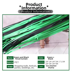 Fiche technique des rideaux de fête bicolores vert et noir en PET effet franges