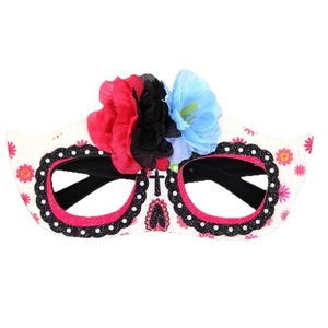 Day of the Dead decorative glasses with red, black, blue fabric flowers and white skull frame