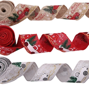 Christmas tree truck and snowflake printed linen ribbons in red, grey and natural tones