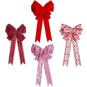 Set of four festive Christmas bows including red velvet, plaid, glitter, and elk patterns