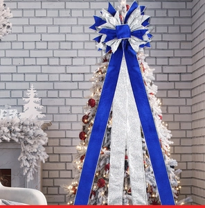 Blue velvet Christmas tree topper bow with silver glitter and long elegant ribbons