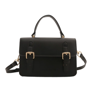 Minimalist black PU leather crossbody bag with top handle and gold metal hardware