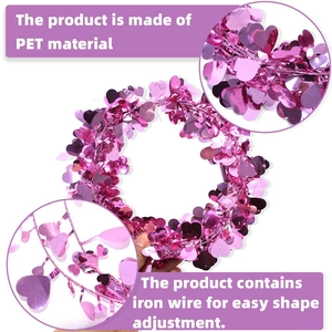 Pink heart-shaped tinsel wreath made of PET with adjustable iron wire for party decor