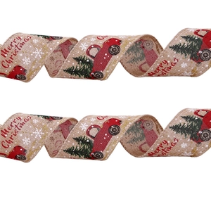 Weihnachtsband aus Sackleinen mit rotem LKW und Baummuster für Geschenkverpackungen