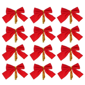 Set of 12 red velvet Christmas bows with gold ties for festive holiday party decor