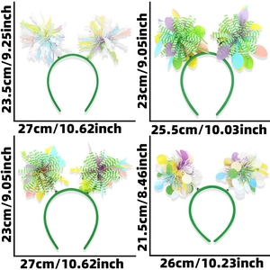 Detailed dimensions for four Easter headbands with colorful tinsel and pom-poms