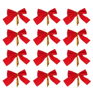 Set of 12 red velvet Christmas bows with gold ties displayed in a flat lay grid layout