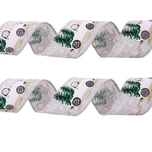 Merry Christmas tree print white linen ribbon with gold snowflakes for gift DIY decor