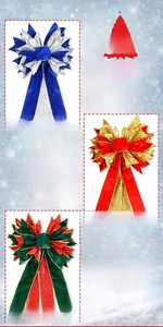 Vertical display of velvet Christmas bows in blue, red, and green with glitter accents