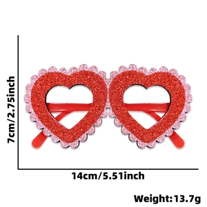 Glittery heart-shaped party glasses for Valentine's Day with size measurements shown