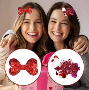 Nœud à cheveux pailleté rouge avec pois dorés et épingles à cheveux cœur créatives