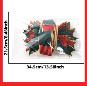 Detail showing red and green sequin Christmas tree bow with 34.5cm size dimensions