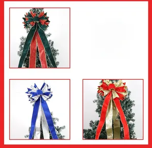 Close-up of velvet Christmas tree topper bows in red green and gold glitter color schemes