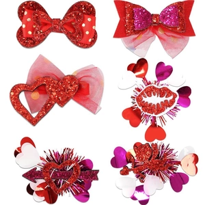 Lot de 6 pinces à cheveux Saint-Valentin avec nœuds rouges à paillettes et cœurs