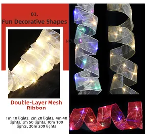 Detail of LED Christmas ribbon showing layered mesh texture and warm glowing light effects