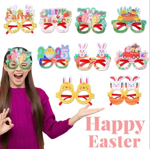 Detail of 10-piece Easter party paper glasses set featuring bunnies and colorful eggs