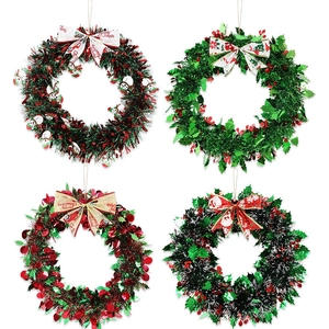 Christmas Snowman Tinsel Wreath Red Green Berry Leaf Garland With Merry Christmas Bow For Festival Home Door Wall Decor