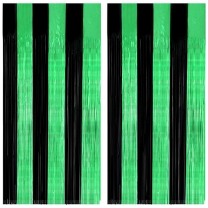 St. Patrick's Day fringe curtain with black and green metallic foil stripes for party decor