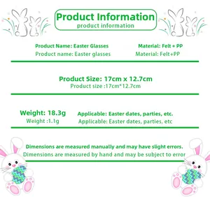 Detailed size chart for Easter felt party glasses measuring 17cm by 12.7cm and weighing 18.3g