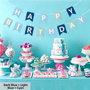 Detail of happy birthday swallowtail banner in dark blue, light blue and cyan colors