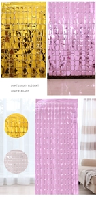 Detail of square gold and pink tinsel fringe curtains for party backdrop wall decor