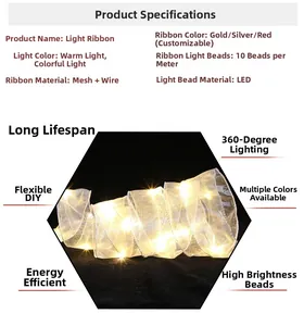 Detail of LED Christmas ribbon with transparent mesh fabric and flexible wire design