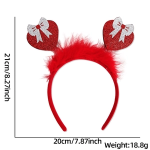 Valentine's red heart headband with glitter bows and feathers measuring 21cm by 20cm