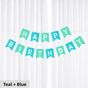 Detail of teal and light blue Happy Birthday banner with swallowtail gold foil design
