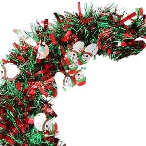 Christmas tinsel garland with red and green sequins and cute cartoon snowmen decorations