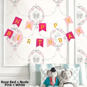 Detail of Rose Red Nude Pink and White Happy Birthday bunting flags with gold letters
