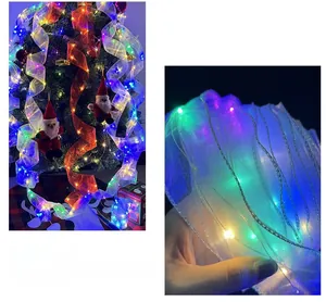 Close-up of double-layer sheer ribbon with colorful LED lights for Christmas tree decoration