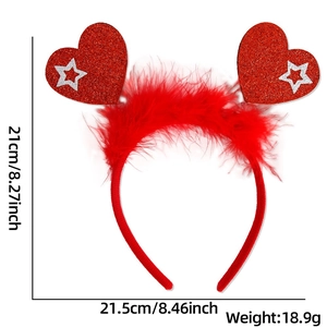 Detail view of red heart headband with feathers and stars showing size dimensions