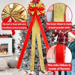 Large Christmas red velvet and gold glitter ribbon bow decoration for tree hanging