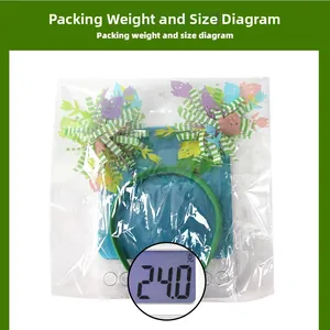 Easter party headband showing packaging weight of 24.0 grams on a digital scale