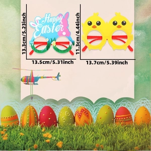 Detailed dimensions of bunny and chick themed Easter glasses frames for party decoration