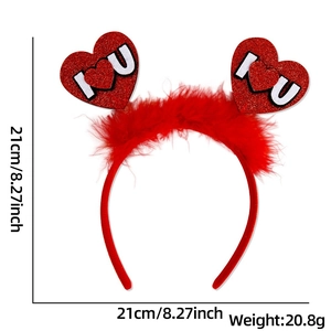 Technical size chart showing a 21cm red heart headband with feathers and I Love U text