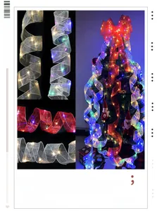 Detail of LED glowing Christmas ribbon with metallic wired edges for holiday tree decor
