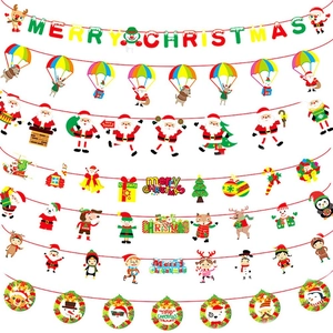 Christmas Paper Banner Garland Set Merry Christmas Santa Claus Reindeer Snowman Cartoon Hanging Ornaments For Home Party Decor