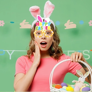 Easter party set featuring white plush bunny ears headband and Happy Easter party glasses