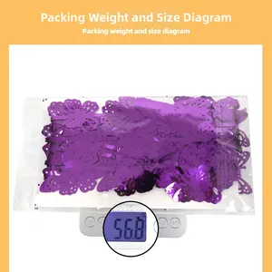 Detailed view of purple cutout butterfly rain curtain packaging weighing 56.8g on scale