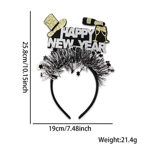 Détail du serre-tête Bonne Année avec chapeau haut de forme doré et bouteille de champagne