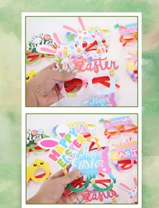Close-up of Easter party glasses with colorful bunny ears and festive chick motifs