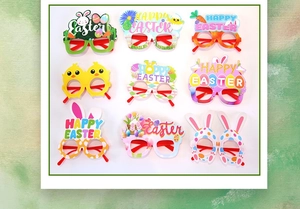 Set of nine colorful Easter paper glasses featuring bunny ears, chicks, and eggs designs